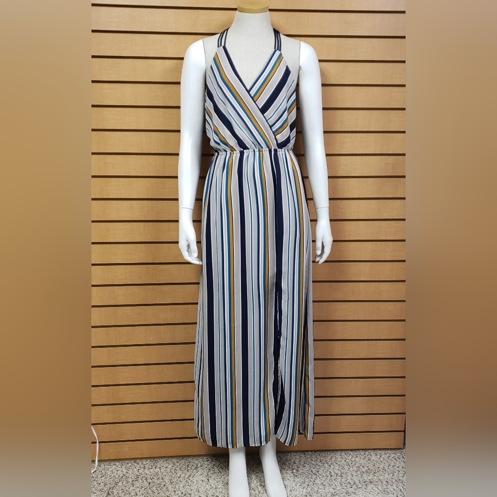 Monteau Striped Maxi Dress Size Medium Sleeveless V-Neck Side Slit Elastic Waist